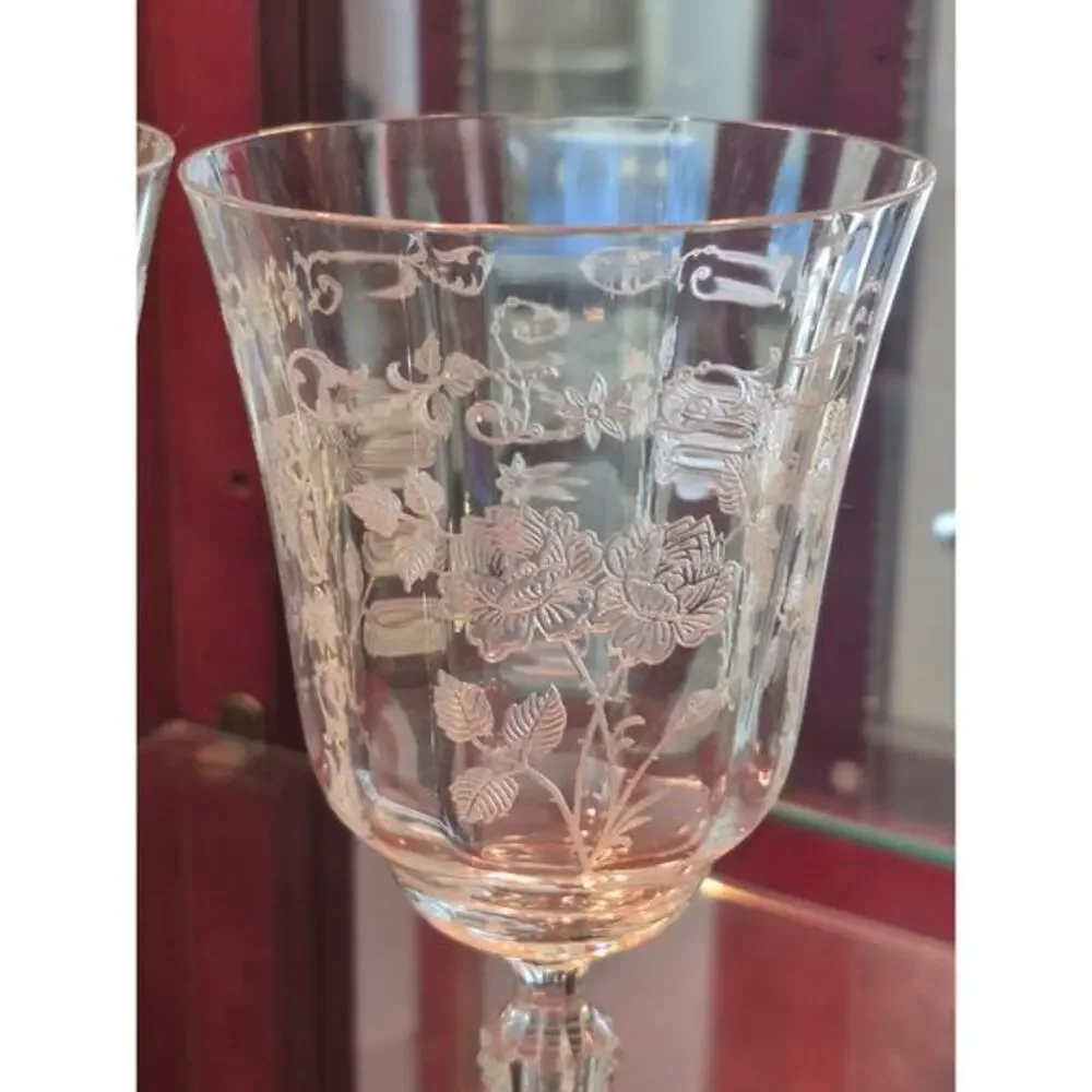 Fostoria Midnight Rose Water Glasses Etched Vintage Fine Quality 1933 Set of‎ 2
